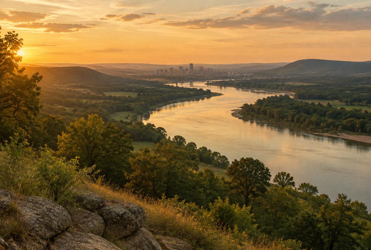 The Arkansas River winding through rolling green hills near Little Rock at golden hour.
